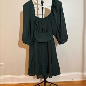 Dark Green Puff-Sleeve Mini Dress